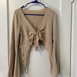 Ribbed Tie-Front Long Sleeve Crop Top - Beige